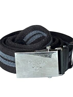 PRADA Belt Black Grey Canvas Leather Size 100/40 PRADA MILANO DAL 1913 Y2K Belt